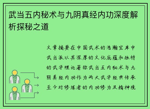 武当五内秘术与九阴真经内功深度解析探秘之道